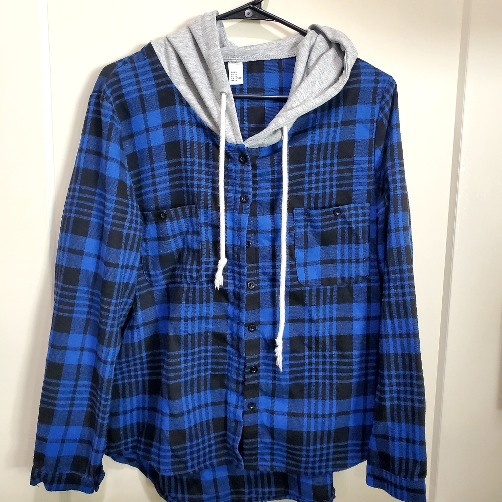 Amazon Unisex Hooded Flannel Jacket Shirt Size M blue/black